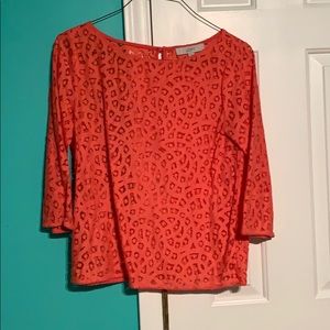 LOFT Coral 3/4 Length Eyelet Blouse